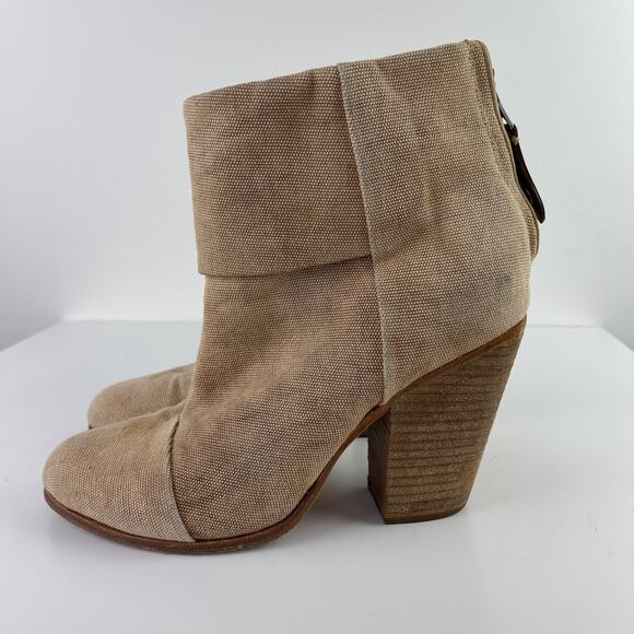 Rag & Bone Newbury Linen Taupe Heeled Ankle Booties Wooden Block Heel Size 37.5 - Picture 4 of 9